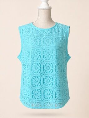 Talbots Aqua Blue Lace Top Sleeveless Cotton Blend Blouse Classic Preppy Chic XL